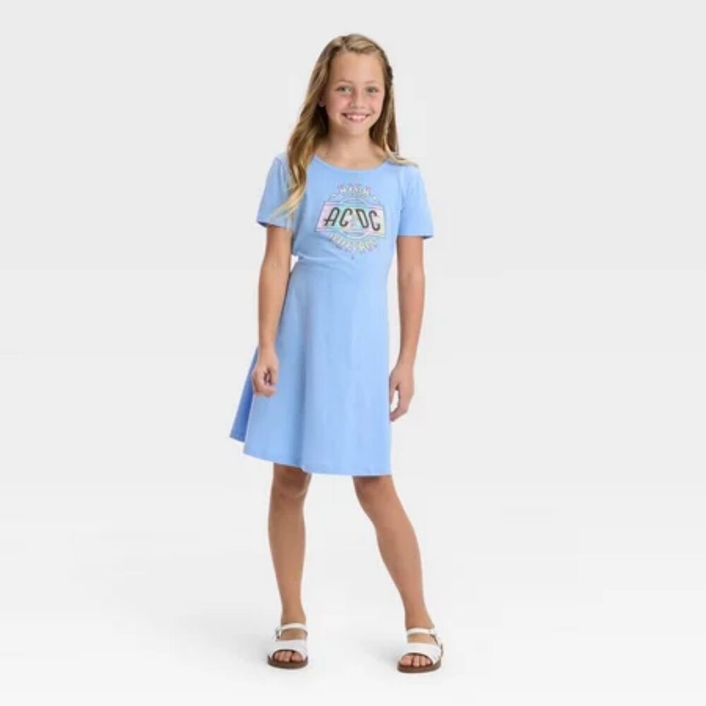 Girls AC/DC Graphic Short Sleeve Dress - Blue, X-Large
